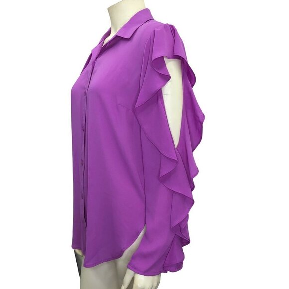 SLIM FACTOR BY INVESTMENTS COLD SHOULDER LONG SLEEVE CHIFFON TOP S NWT - Picture 1 of 6